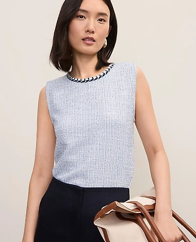 Ann Taylor Braid Trim Tweed Top Soft Blue Multi Women's