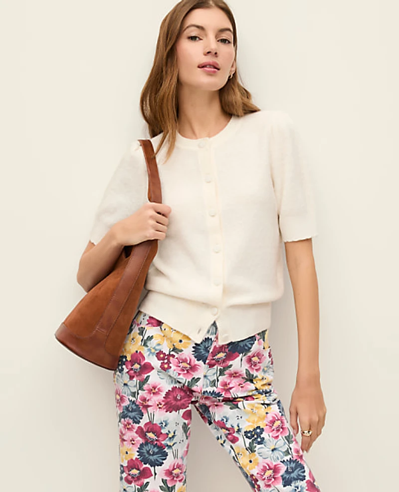 Ann Taylor Petite Weekend Pointelle Crew Neck Cardigan Winter White Women's