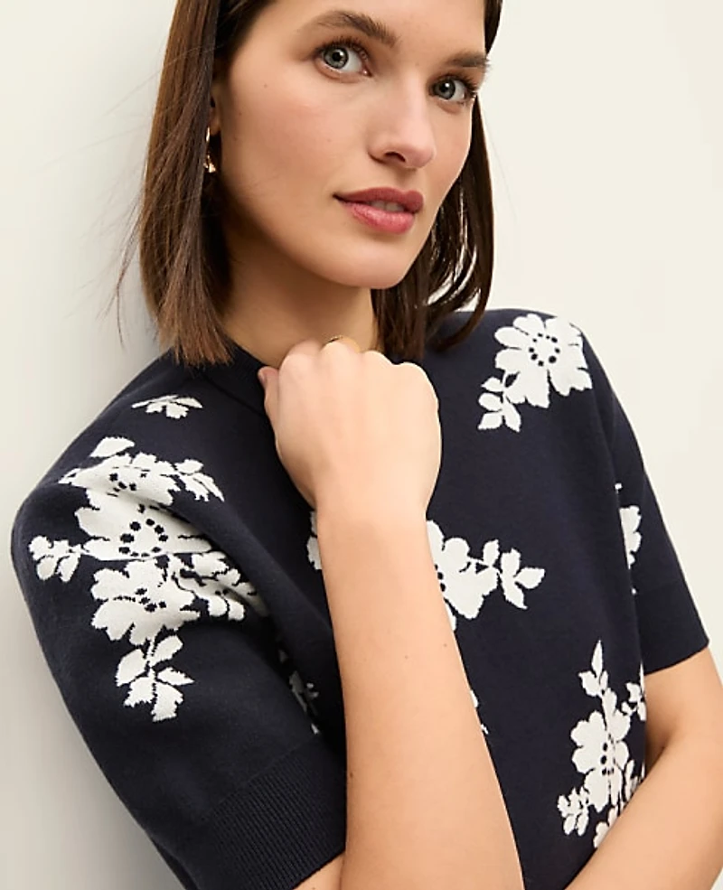 Ann Taylor Petite Floral Jacquard Sweater T-Shirt Night Sky Women's