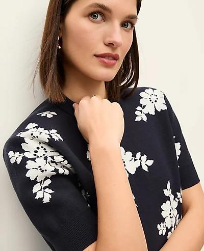Ann Taylor Petite Floral Jacquard Sweater T-Shirt Night Sky Women's