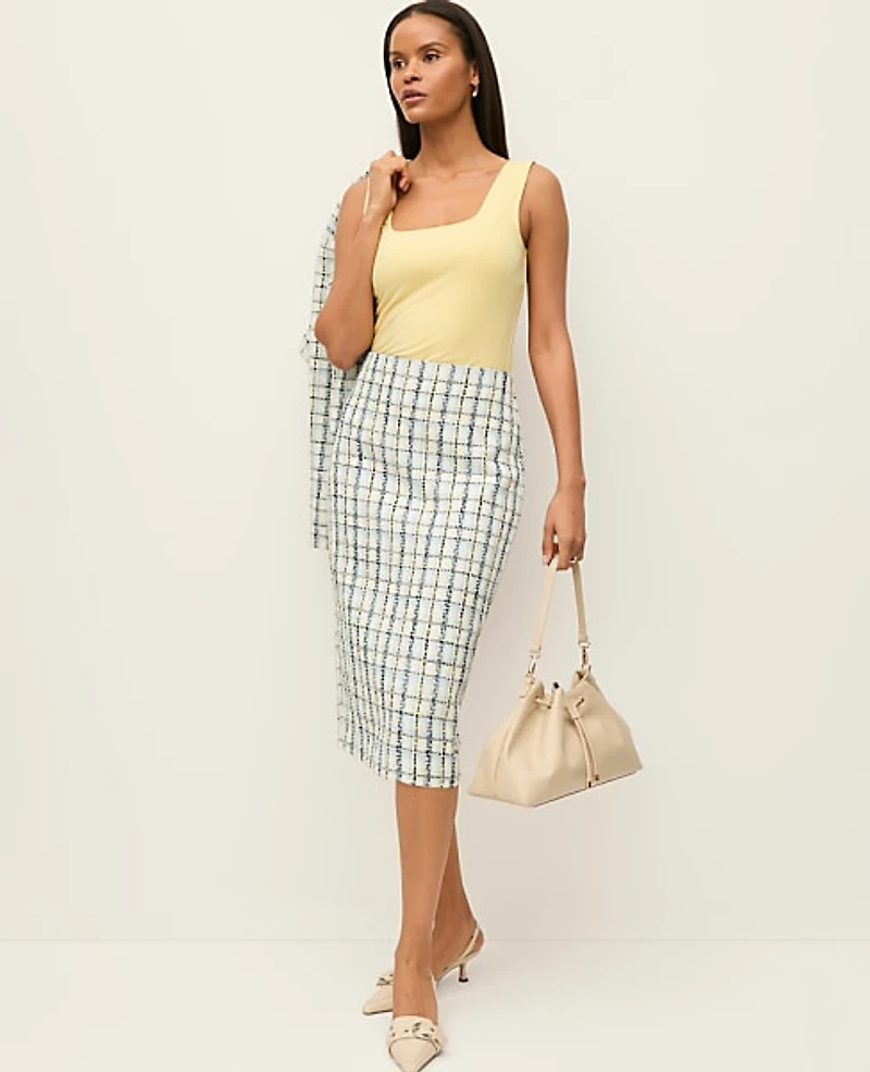 Ann Taylor The Column Midi Skirt in Plaid Tweed Size 10 Cashmere Blue Women's