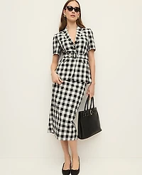 Ann Taylor The Petite Button Midi Skirt Gingham Linen Blend Black - Ww Women's