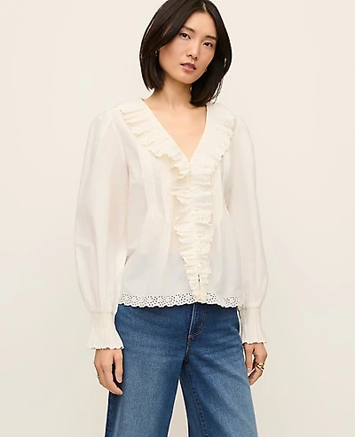 Ann Taylor Petite Ruffle Trim Blouse Size Large Winter White Women's