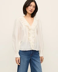 Ann Taylor Petite Ruffle Trim Blouse Size Large Winter White Women's