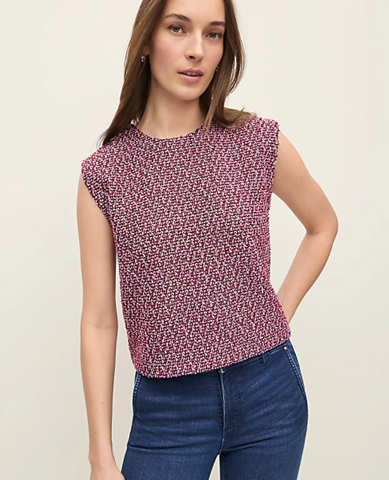 Ann Taylor Tweed Crew Neck Shell Top Speckled Pink Women's