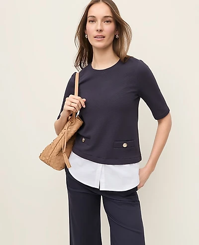 Ann Taylor Layered Mixed Media Top Night Sky Women's
