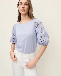 Ann Taylor Petite Embroidered Boatneck Popover Top Women's