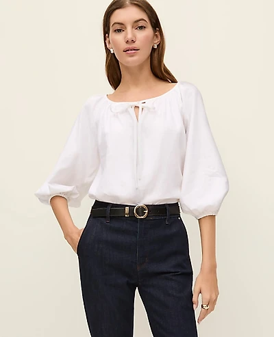 Ann Taylor Petite Weekend Linen Blend Blouse Size Large White Women's