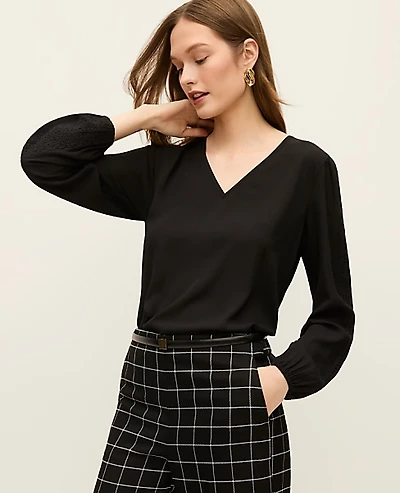 Ann Taylor Mixed Media Embroidered Blouse Black Women's