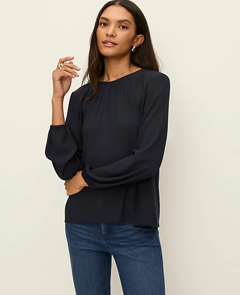 Ann Taylor Pleated Front Mixed Media Blouse Night Sky Women's