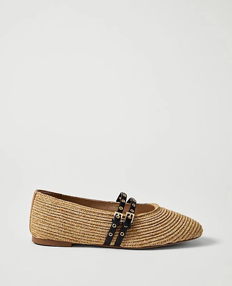 Ann Taylor Weekend Studded Straw Mary Jane Flat Natural Women's