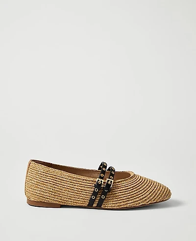 Ann Taylor Weekend Studded Straw Mary Jane Flat Natural Women's