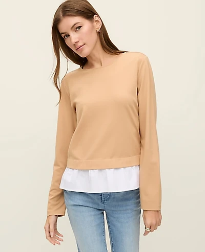 Ann Taylor Weekend Ruffle Trim Knit Top Cafe Au Lait Women's