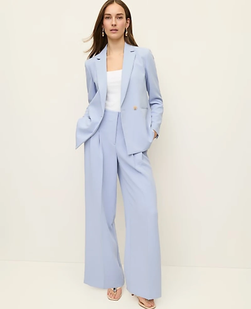 Ann Taylor The Petite Pleated Wide-Leg Pant Textured Crepe Blue Hydrangea Women's