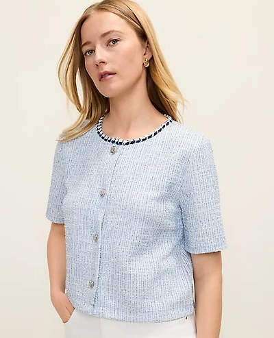 Ann Taylor Metallic Tweed Jacket Soft Blue Multi Women's