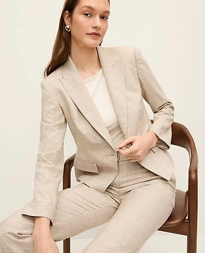Ann Taylor The Petite Single Button Fitted Blazer Glen Check Neutral Women's