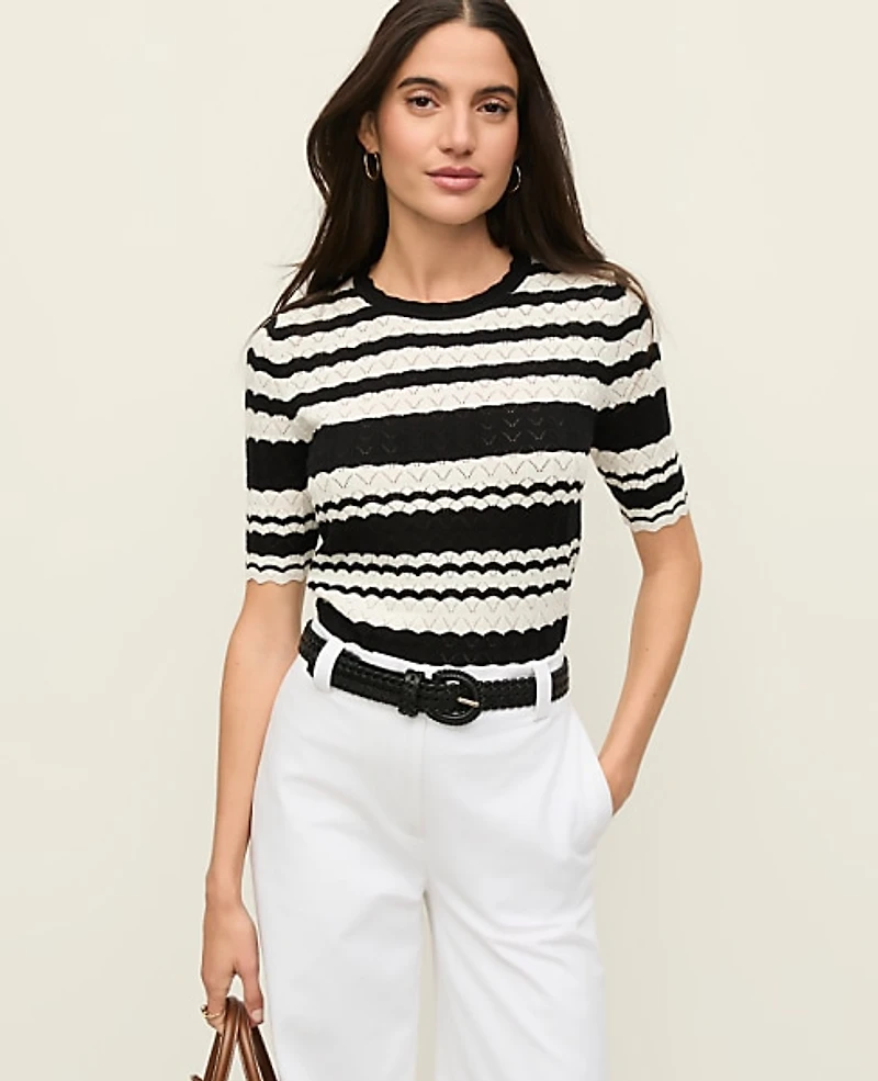 Ann Taylor Petite Striped Pointelle Sweater T-Shirt Size XS Black Women's
