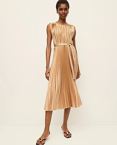 Ann Taylor Petite Pleated Satin Midi Dress Cafe Au Lait Women's