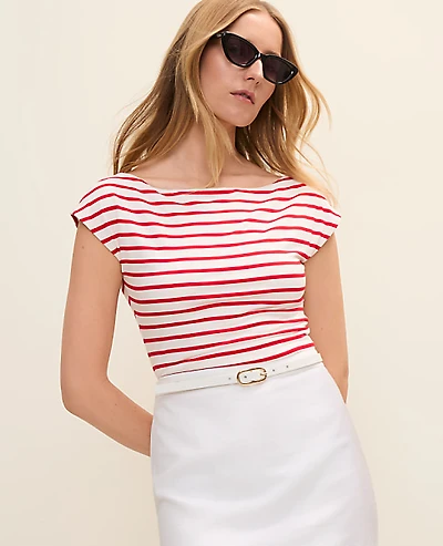 Ann Taylor Striped Boatneck Top Bright Cherry Women's
