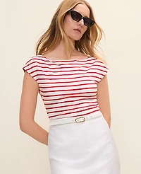 Ann Taylor Striped Boatneck Top Bright Cherry Women's
