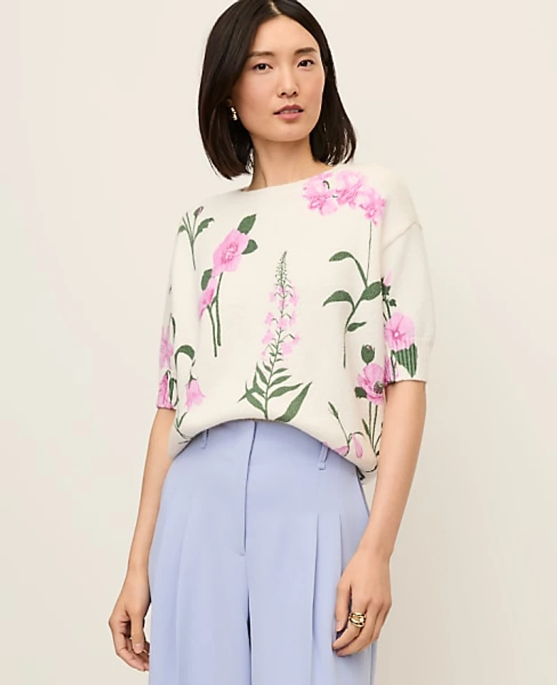 Ann Taylor Petite Floral Jacquard Sweater T-Shirt Pink Women's