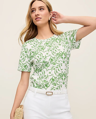 Ann Taylor Petite Floral Crew Neck T-Shirt Palm Green Women's