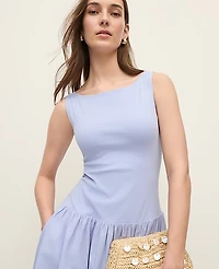 Ann Taylor Petite Mixed Media Boatneck Midi Dress Size Medium Blue Hydrangea Women's
