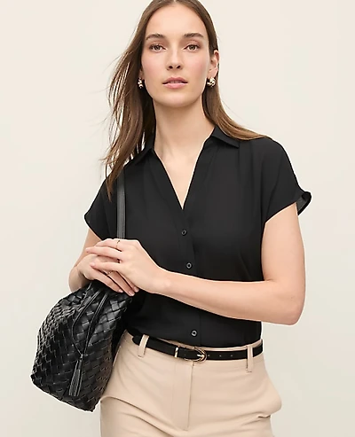 Ann Taylor Split Neck Blouse Size Small Black Women's
