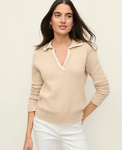 Ann Taylor Petite Scalloped Trim Sweater Pale Sandalwood Women's