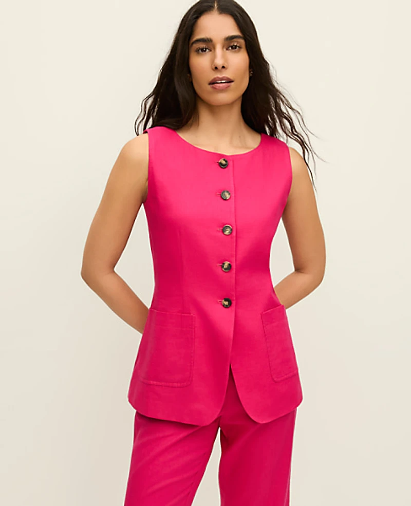 Ann Taylor The Petite Long Crew Neck Vest Linen Blend Women's