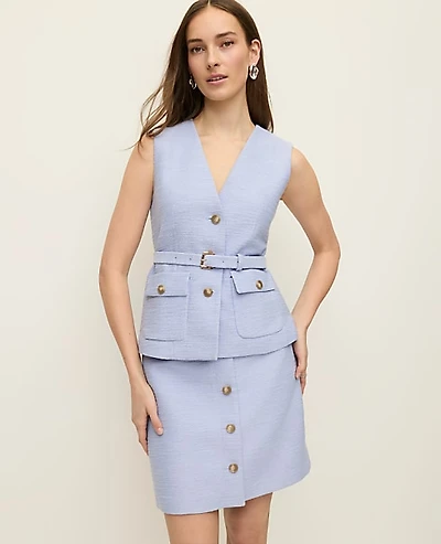 Ann Taylor Belted Tweed Vest Blue Hydrangea Women's