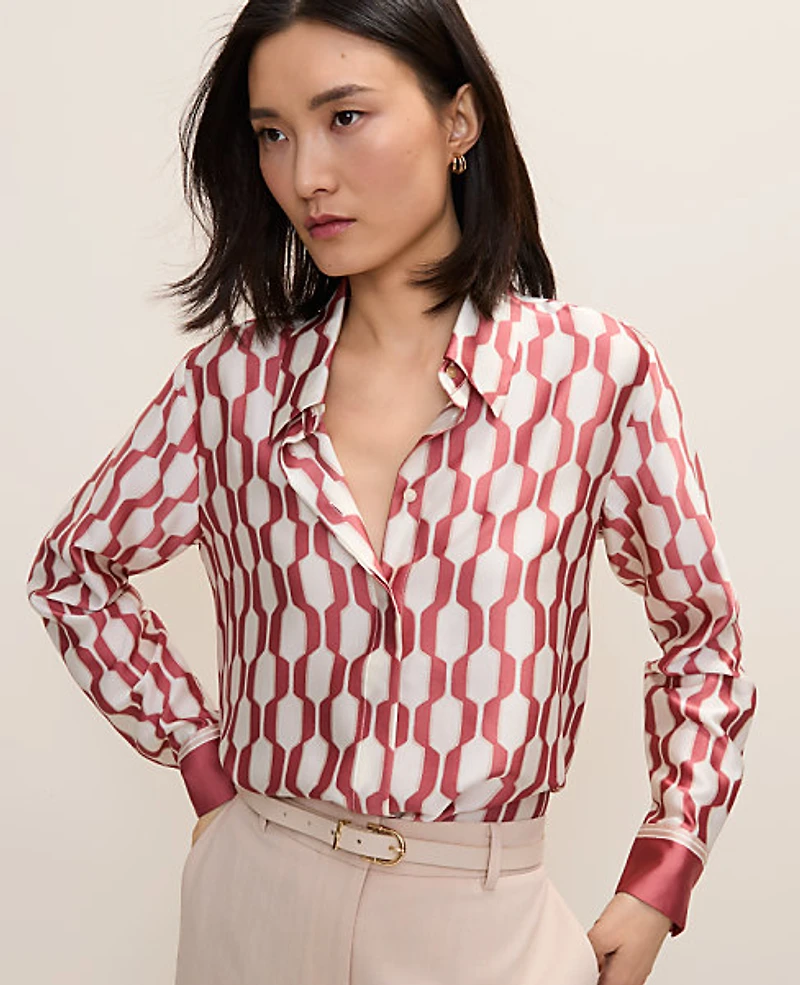 Ann Taylor Geo Satin Modern Shirt Winter White Women's