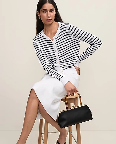 Ann Taylor The Petite Striped Cardigan White/Navy Women's