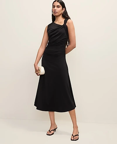 Ann Taylor Petite Asymmetric Twist Shoulder Midi Dress Black Women's