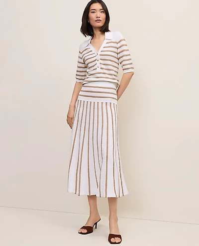 Ann Taylor Petite Striped A-Line Sweater Midi Skirt White Women's