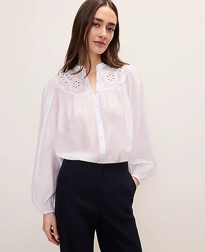 Ann Taylor Embroidered Gathered Blouse Women's