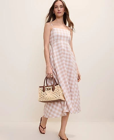 Ann Taylor Petite Gingham Midi Dress Linen Blend Moonlight Women's