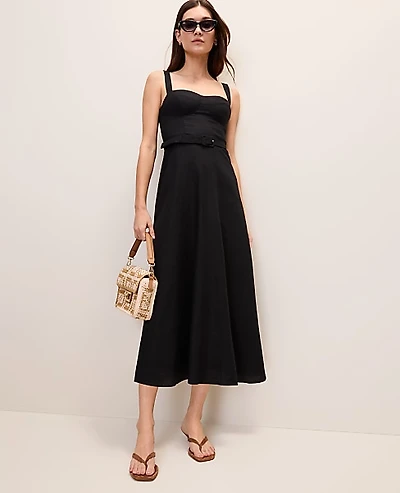 Ann Taylor Belted Midi Dress Linen Blend Black Women's