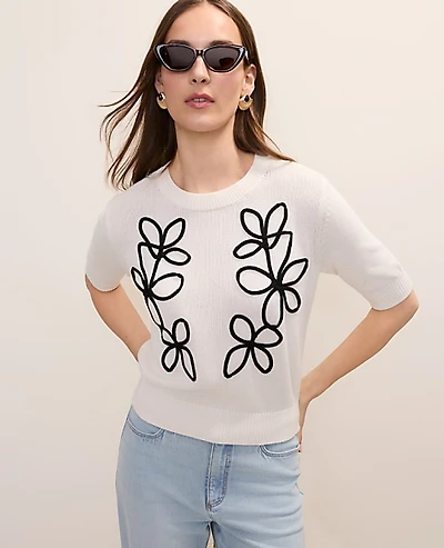 Ann Taylor Petite Floral Appliqué Sweater T-Shirt Women's