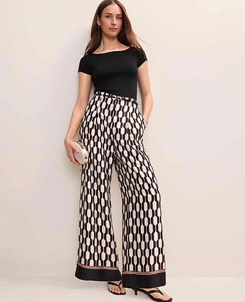 Ann Taylor The Petite Pleated Wide-Leg Pant Geo Satin Black Women's