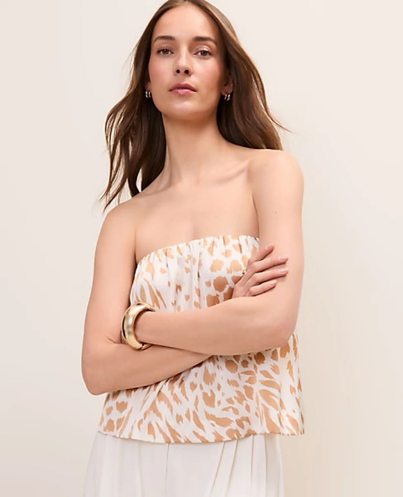 Ann Taylor Animal Print Strapless Top Satin Cafe Au Lait Women's