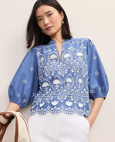 Ann Taylor Petite Embroidered Puff Sleeve Blouse Ocean Oasis Women's