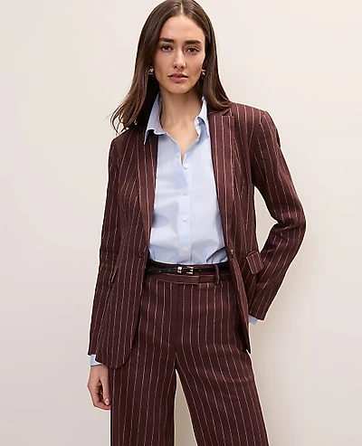 Ann Taylor The Pinstripe Long One Button Blazer Linen Blend Rich Walnut Women's