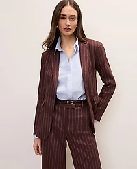 Ann Taylor The Pinstripe Long One Button Blazer Linen Blend Rich Walnut Women's
