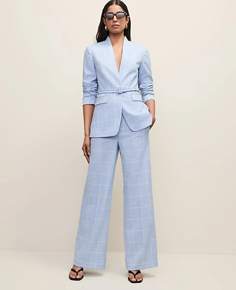 Ann Taylor The Petite Collarless Belted Blazer Windowpane Blue/Neutral Women's