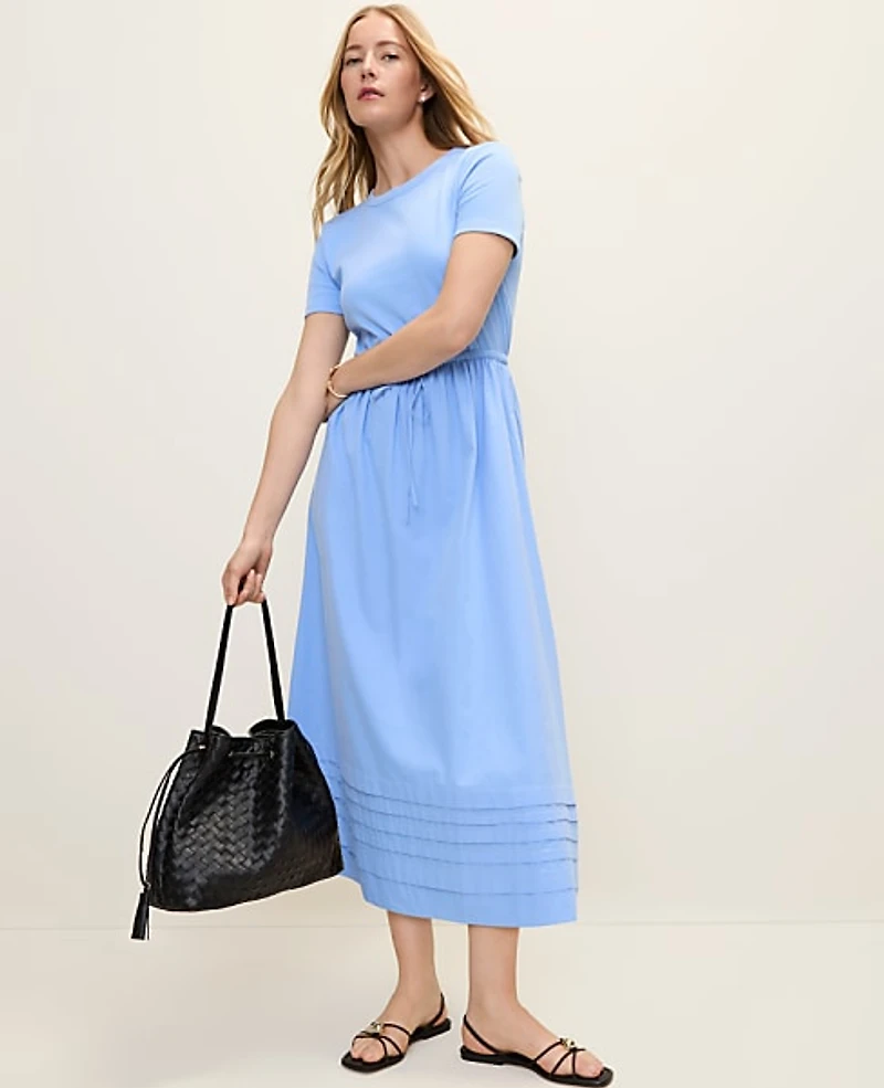 Ann Taylor Petite Weekend Mixed Media Crew Neck Midi Dress Women's