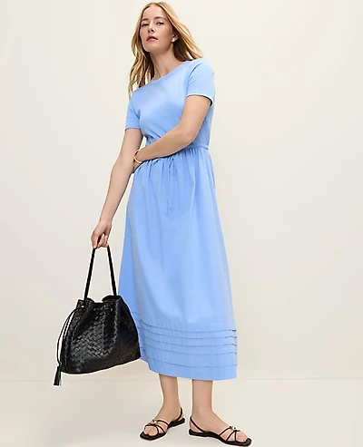 Ann Taylor Petite Weekend Mixed Media Crew Neck Midi Dress Size 2XS Vista Blue Women's