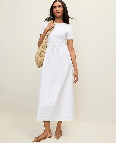 Ann Taylor Petite Weekend Mixed Media Crew Neck Midi Dress Size XS White Women's