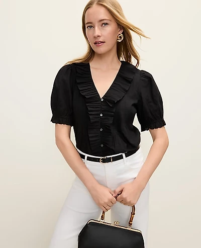 Ann Taylor Petite Weekend Eyelet Ruffle Trim Blouse Women's