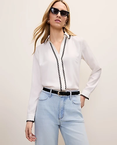 Ann Taylor Petite Embroidered Satin Essential Shirt Winter White Women's